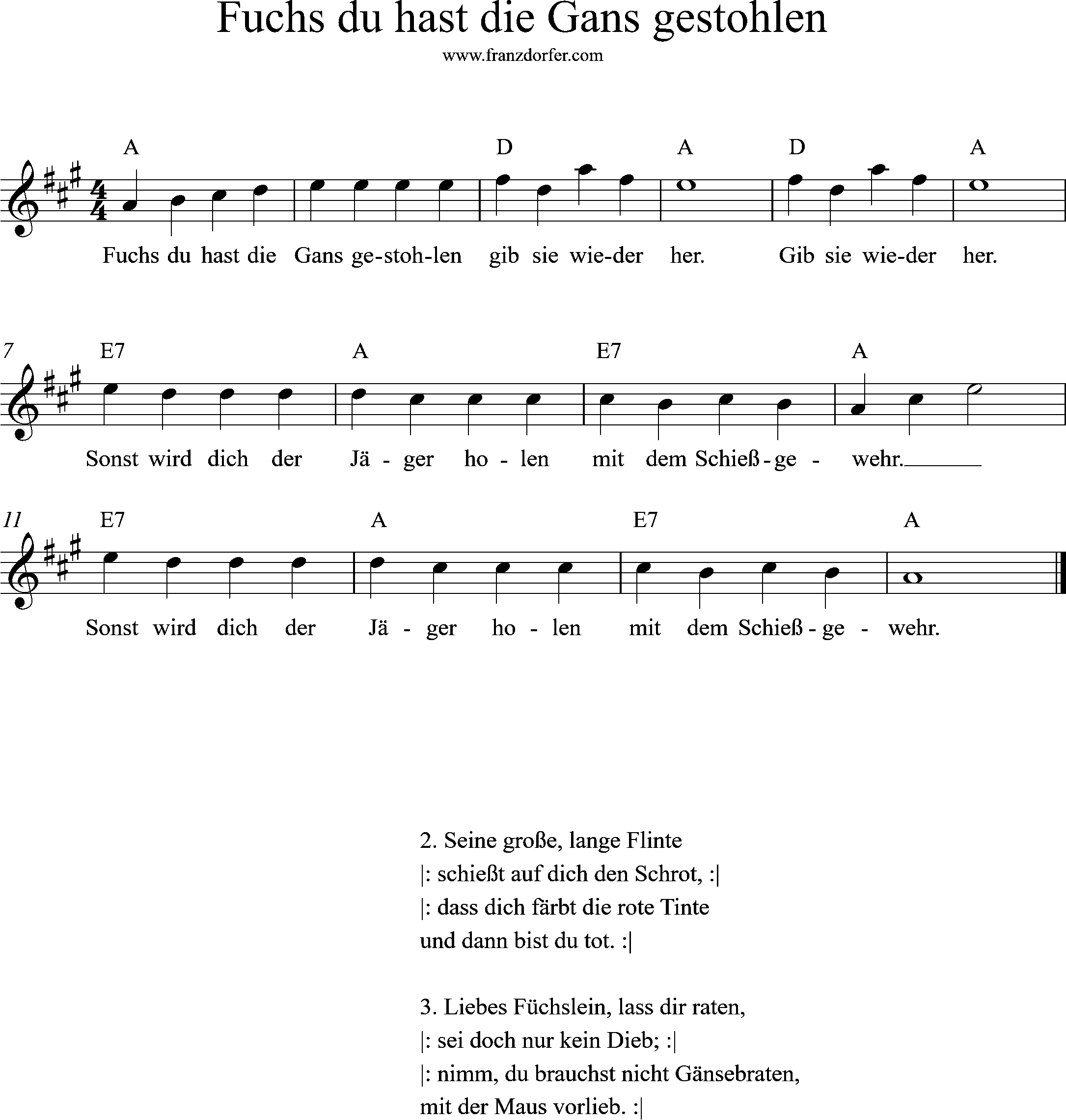 Violinnoten, 1.Lage, A-Dur, Fuchs du hast